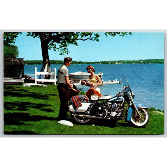 Harley Davidson Dealer Postcard 1961 Duo Glide Couple Picnic Water NP VGC Scarce
