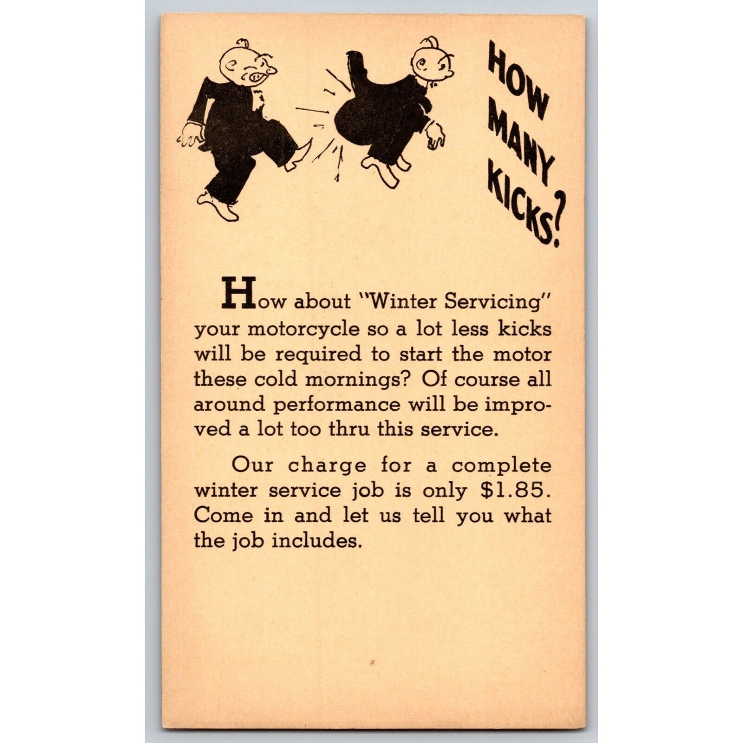 Harley Davidson Dealer Postcard c1950's Winter Service Funny Original VGC Scarce