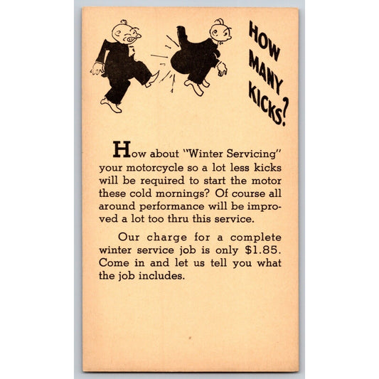 Harley Davidson Dealer Postcard c1950's Winter Service Funny Original VGC Scarce