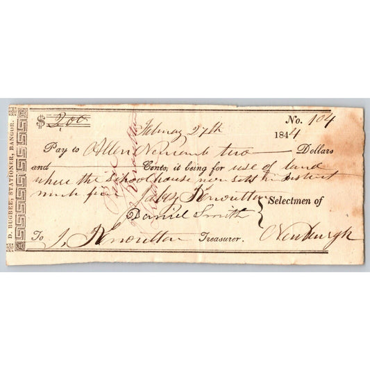 1844 Jabez Knowlton* Newburgh ME Town Check for "Use of Land Where the School.."