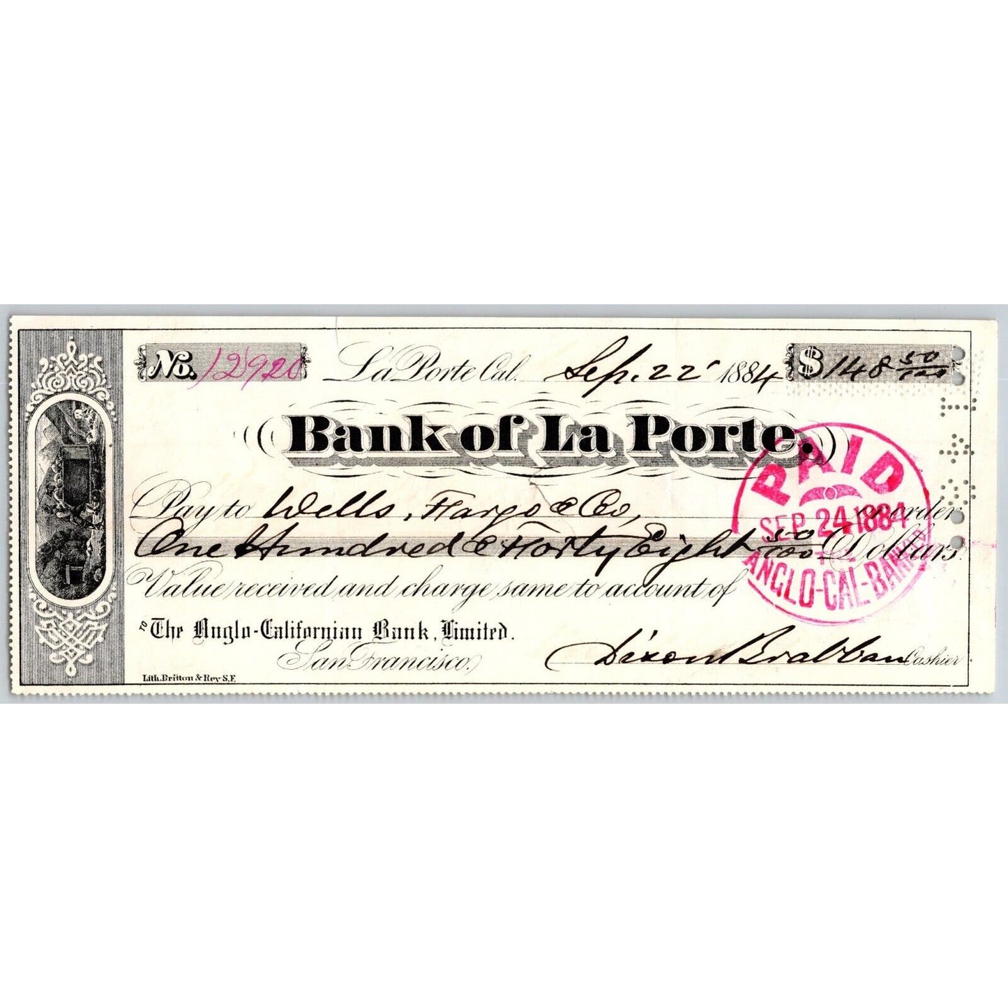 Bank of La Porte Check Wells Fargo 1884 Mining Vignette #12920
