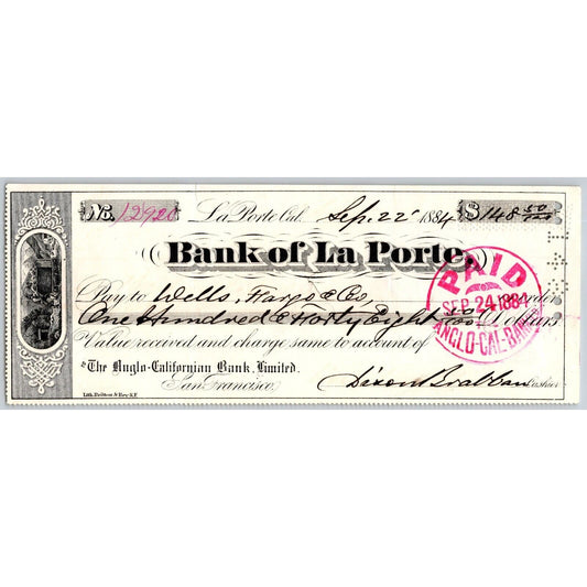 Bank of La Porte Check Wells Fargo 1884 Mining Vignette #12920