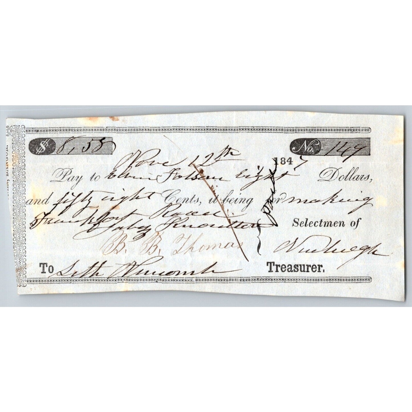 1847 Jabez Knowlton* Newburgh ME Check to Elwin Folsom for Making Frankfort Road