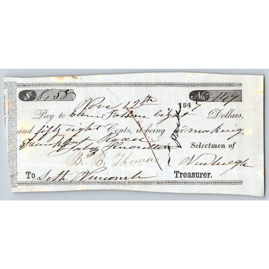 1847 Jabez Knowlton* Newburgh ME Check to Elwin Folsom for Making Frankfort Road