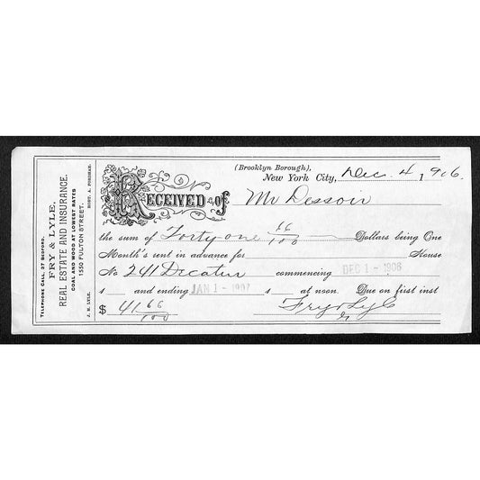 Fry & Lyle Real Estate Coal & Wood Fulton St. Brooklyn, NY Dec 4 1906 Receipt
