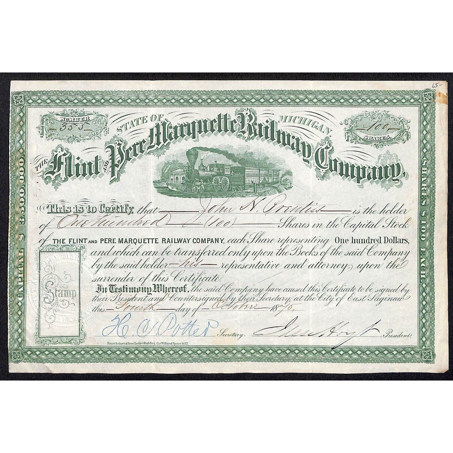 Flint & Pere Marquette Railway 1875 Stock Certificate #355 to: John Prentiss