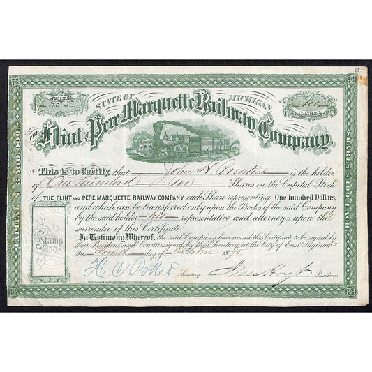 Flint & Pere Marquette Railway 1875 Stock Certificate #355 to: John Prentiss
