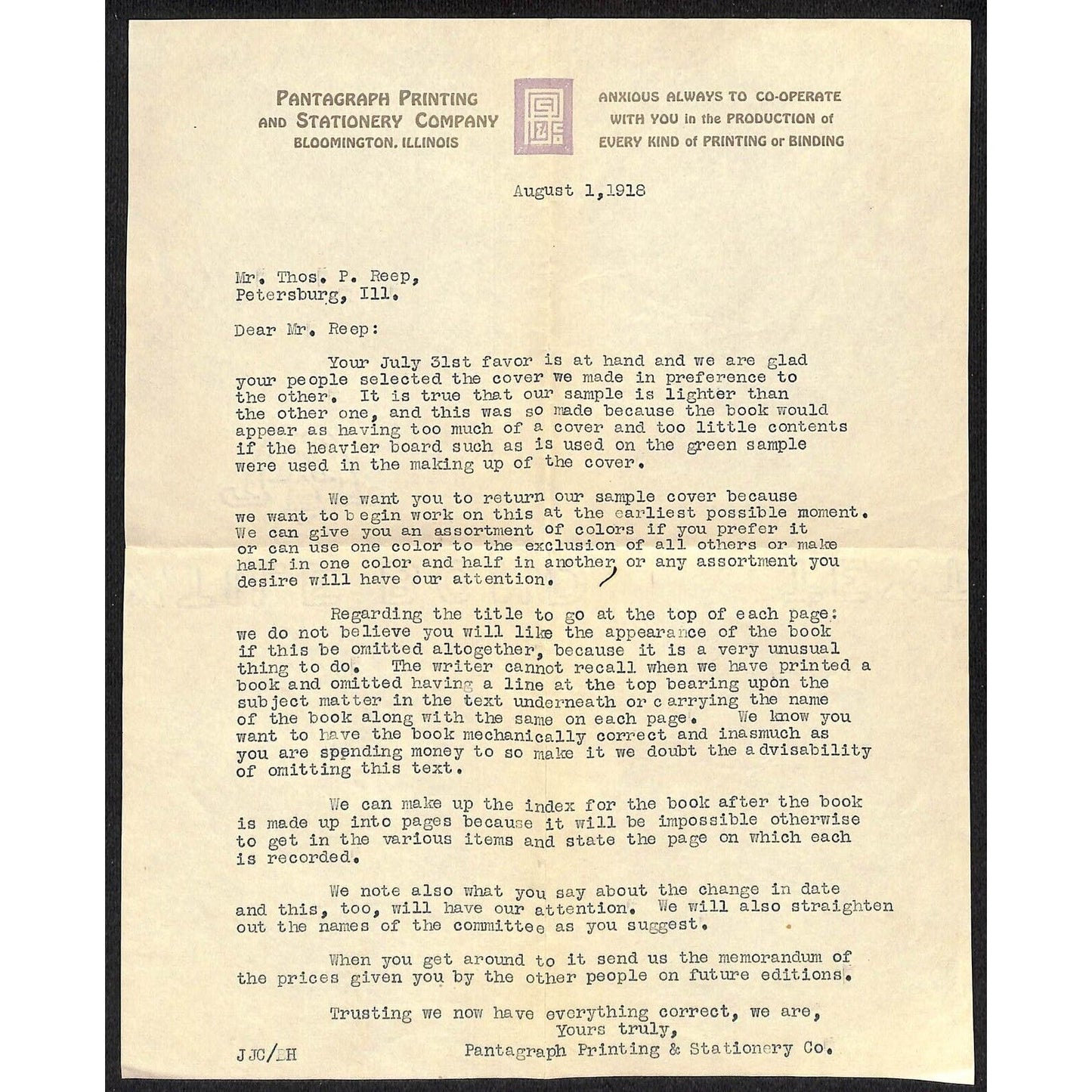 Pantagraph Printing Co. Bloomington, IL 1918 Adv. Letterhead & Cover*