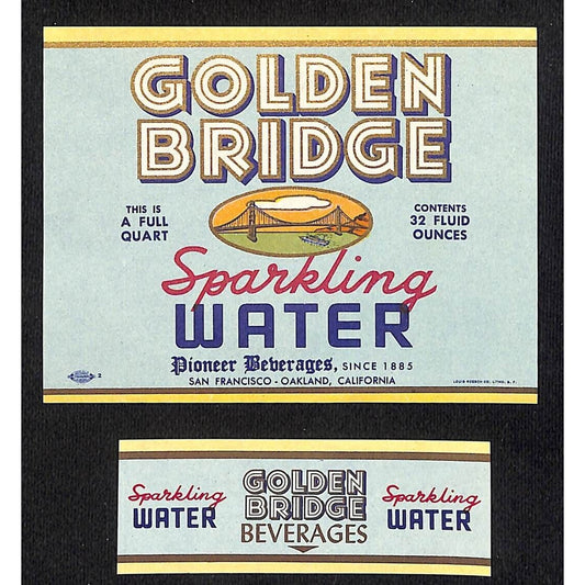 Golden Bridge Sparkling Water Soda Label Set Pioneer Beverages 1950's