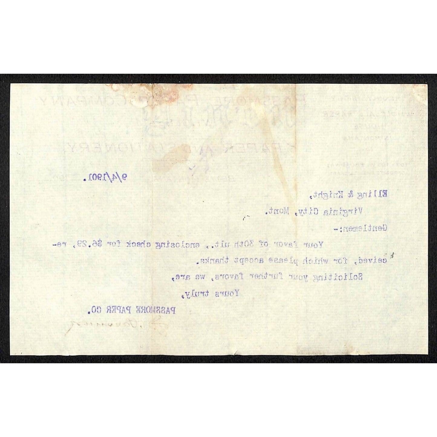 1901 Passmore Paper Co. Stationary Butte, MT TLS Letterhead Henry Elling*