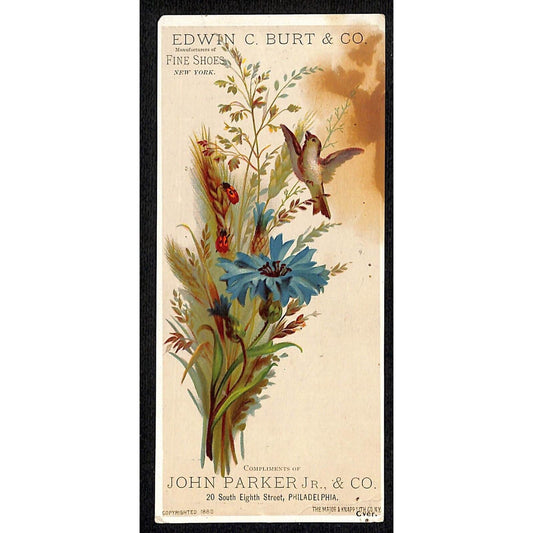 Edwin C. Burt / Burt's Shoes Victorian Trade Card w/ 1883 Calendar Bird Flowers