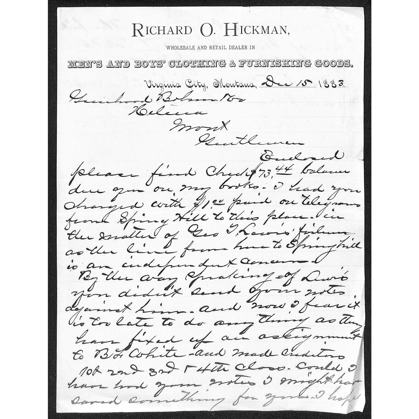 Virginia City, MT Richard O. Hickman Men's - Boys' Clothing 1883 ALS Letterhead