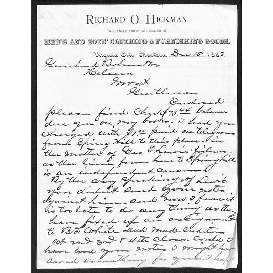 Virginia City, MT Richard O. Hickman Men's - Boys' Clothing 1883 ALS Letterhead