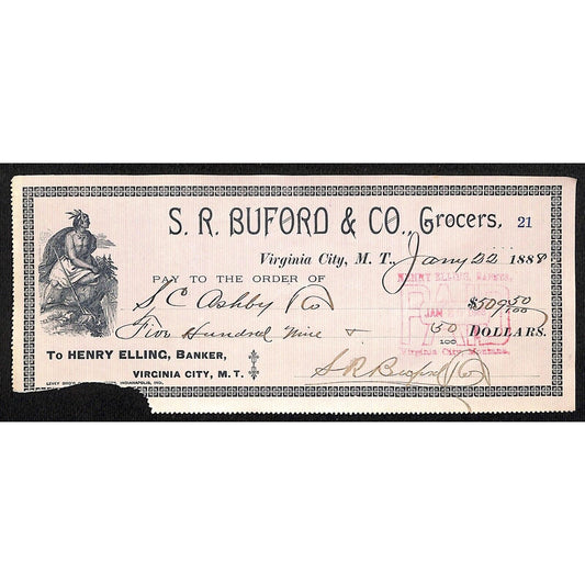 1888 Henry Elling Virginia City Montana Territory S.R. Buford Grocers Check #21