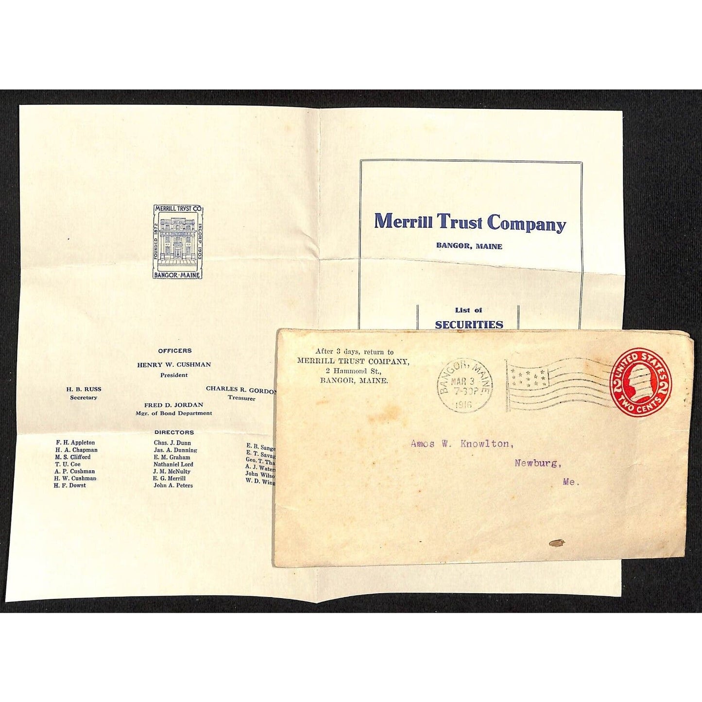Bangor, ME Merrill Trust Co. 1916 List of Securities Sheet & Cover Knowlton*