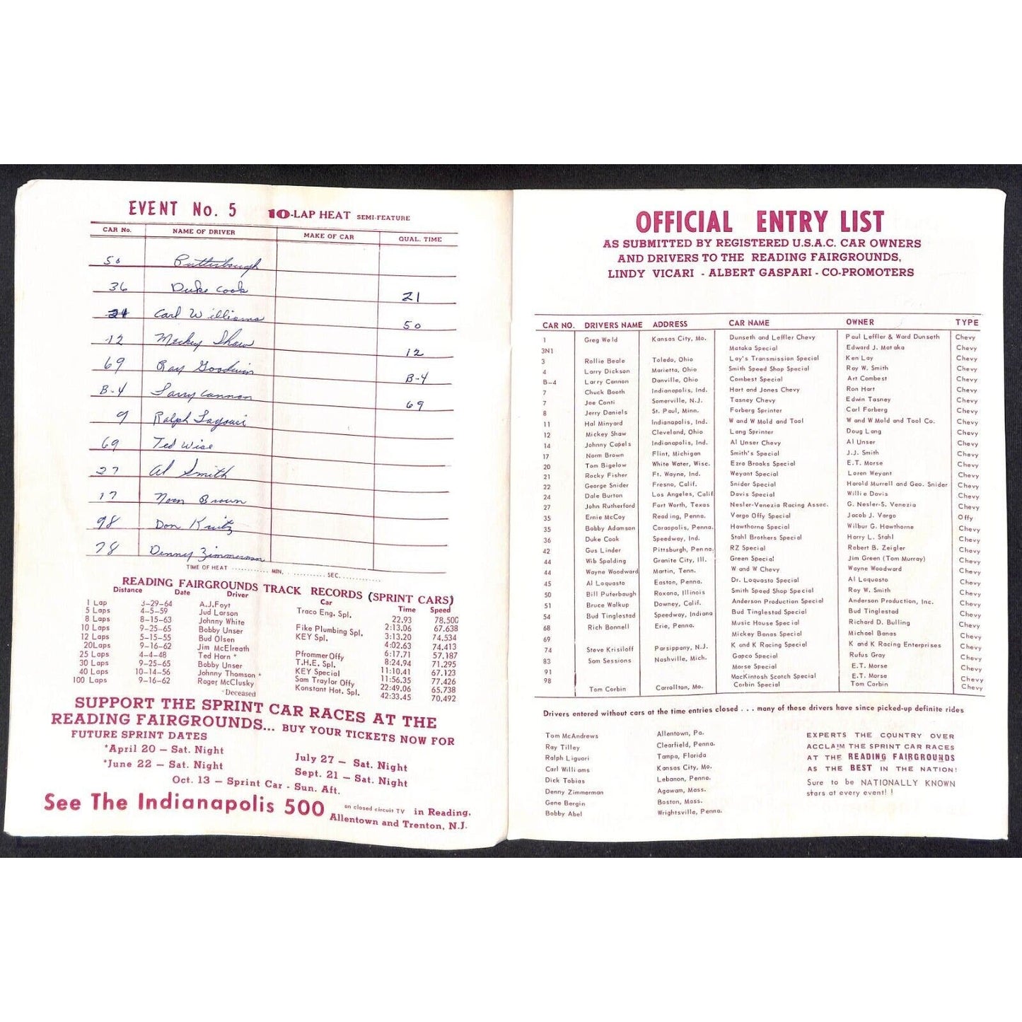 Reading Fairgrounds 1968 USAC Auto Races Program Sprint Car Opener 12pp*