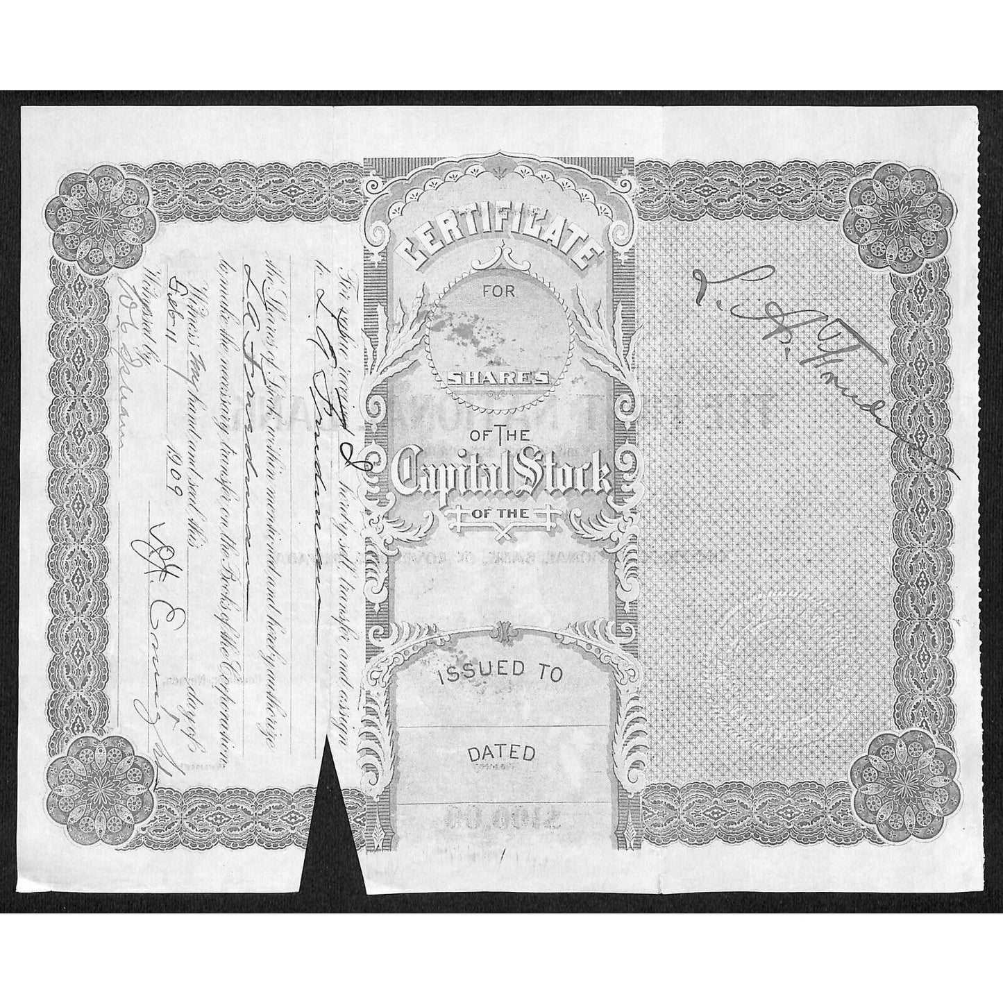 First National Bank of Lovelock, NV 1905 Stock Certificate to P.J Enright *