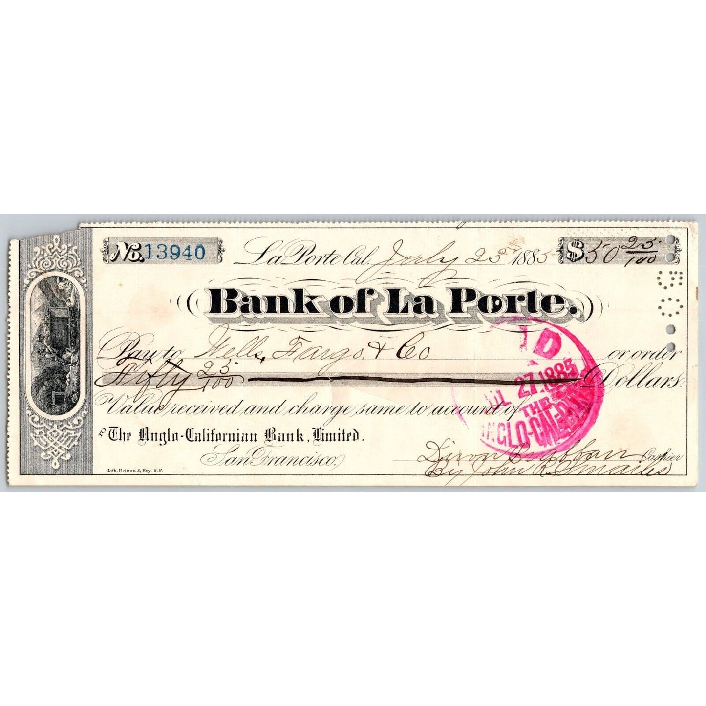 Bank of La Porte Check Wells Fargo 1885 Mining Vignette #13940