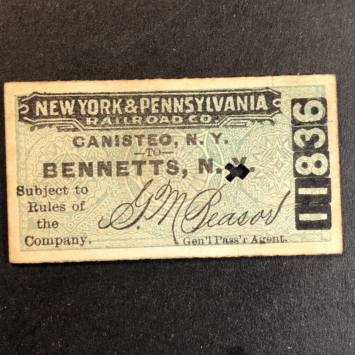 New York & Pennsylvania Railroad July 24 1917 Bennetts, NY Ticket #11836
