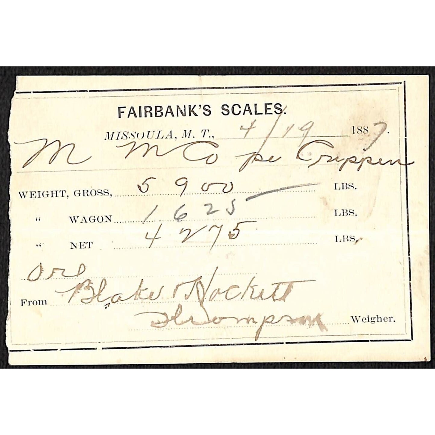 1887 Missoula Montana Territory Fairbank's Scales Mining Ore Weight Receipt (#6)