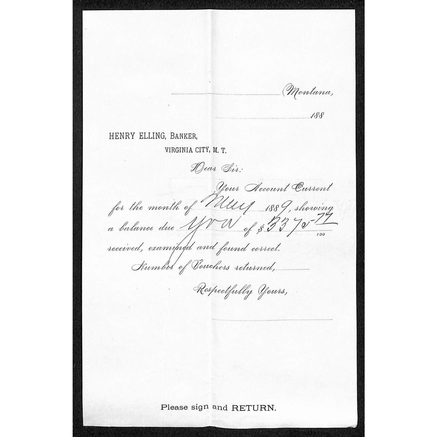 1889 Henry Elling Virginia City Montana Territory Monthly Statement (#5)