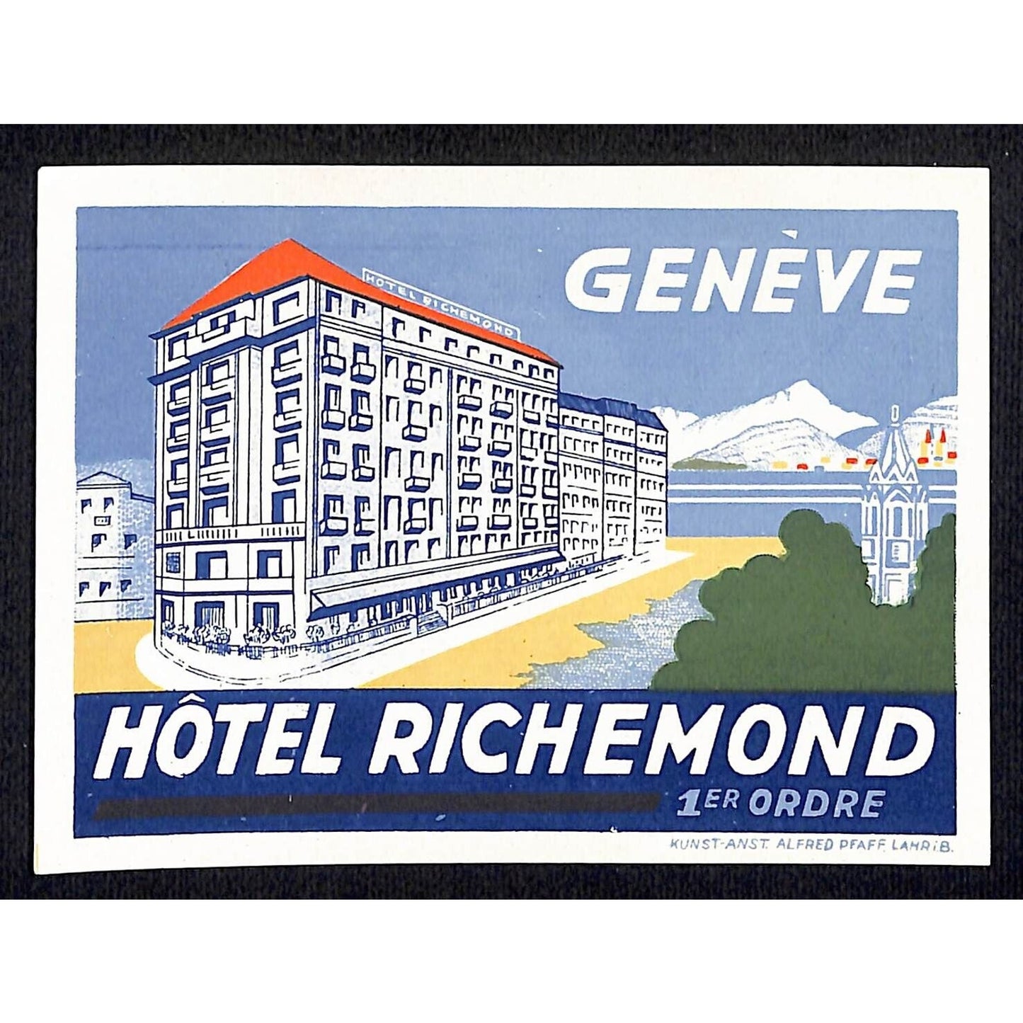 Hotel Richemond Geneve Luggage Label Original 3 1/4" x 4 1/2" c1950's VGC