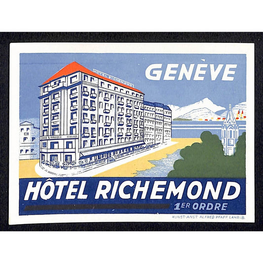 Hotel Richemond Geneve Luggage Label Original 3 1/4" x 4 1/2" c1950's VGC