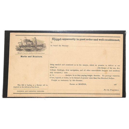 Boston Steamer 1870's 187x Unused Bill of Lading Richard L. Gay Co. Stationers