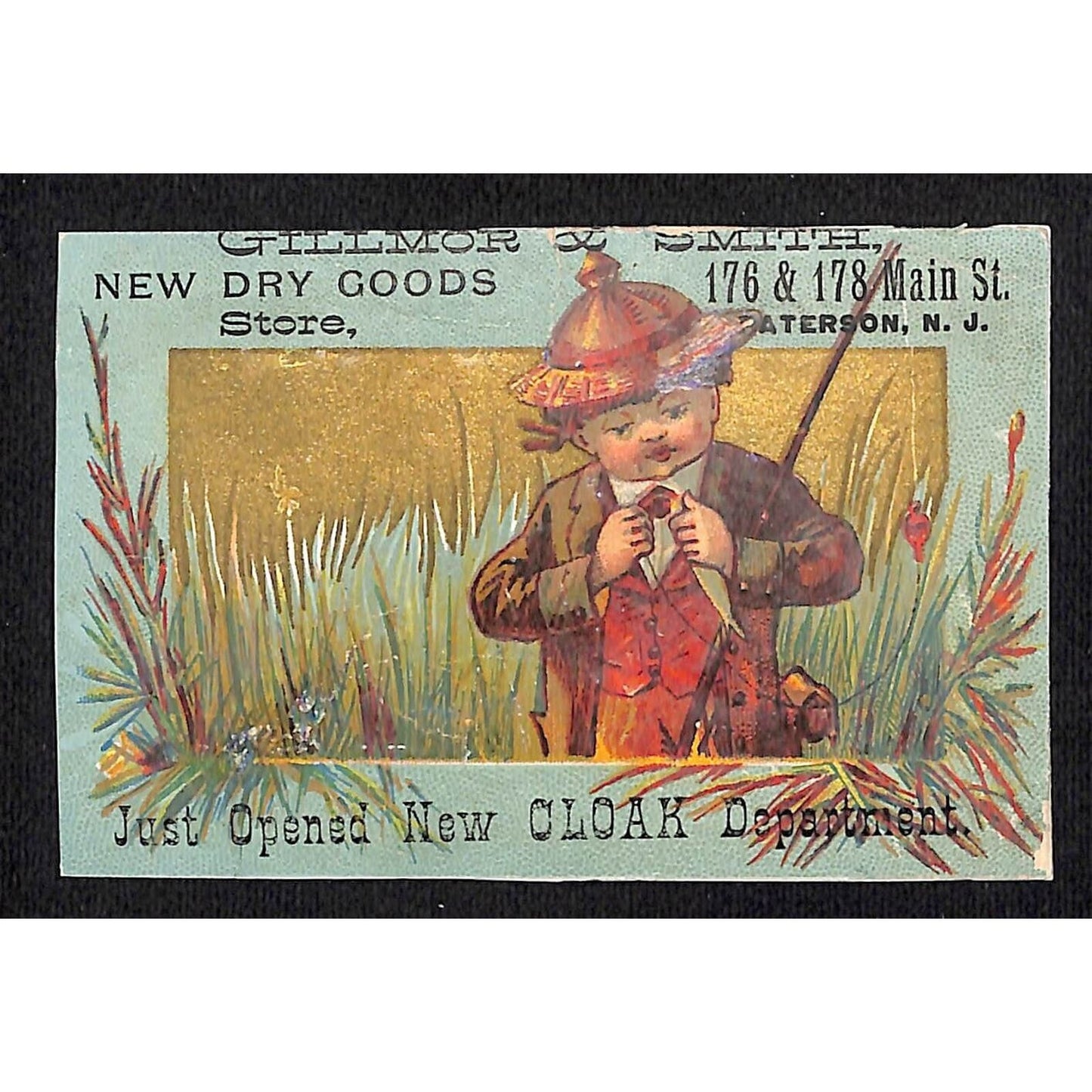 Gillmor & Smith dry Goods Paterson, NJ Victorian Trade Card Boy Fishing