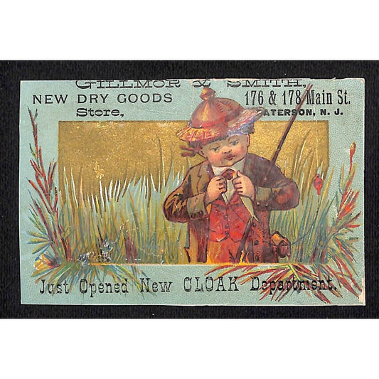Gillmor & Smith dry Goods Paterson, NJ Victorian Trade Card Boy Fishing