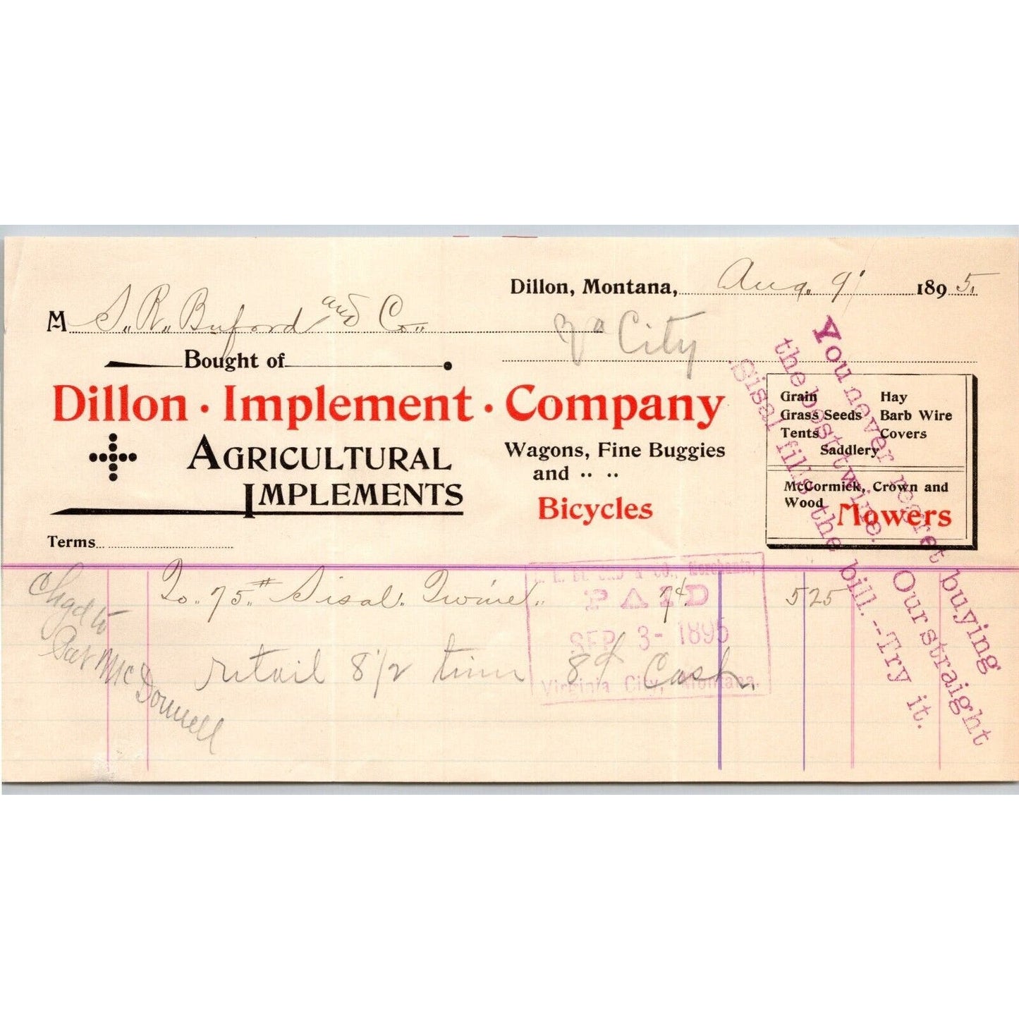 Dillon, MT Dillon Implement 1895 Bicycles Billhead S.R. Buford* Virginia City