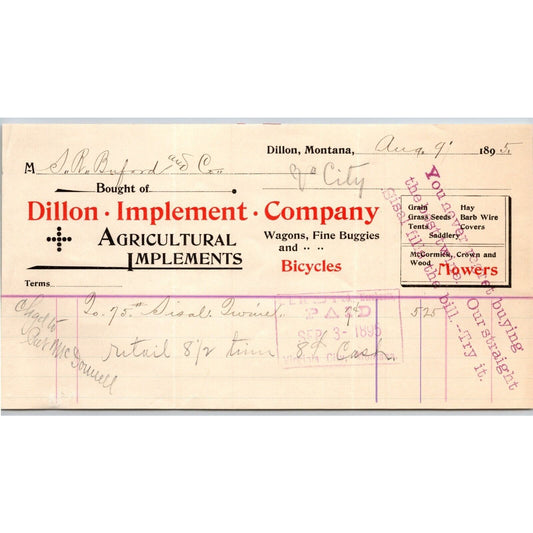Dillon, MT Dillon Implement 1895 Bicycles Billhead S.R. Buford* Virginia City