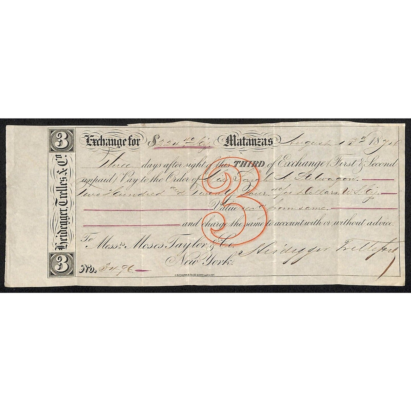1874 "Third of Exchange" Certifictae $224 Heidegger Trelles & Co. Matanzas