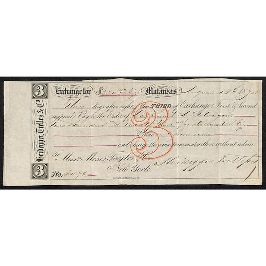 1874 "Third of Exchange" Certifictae $224 Heidegger Trelles & Co. Matanzas