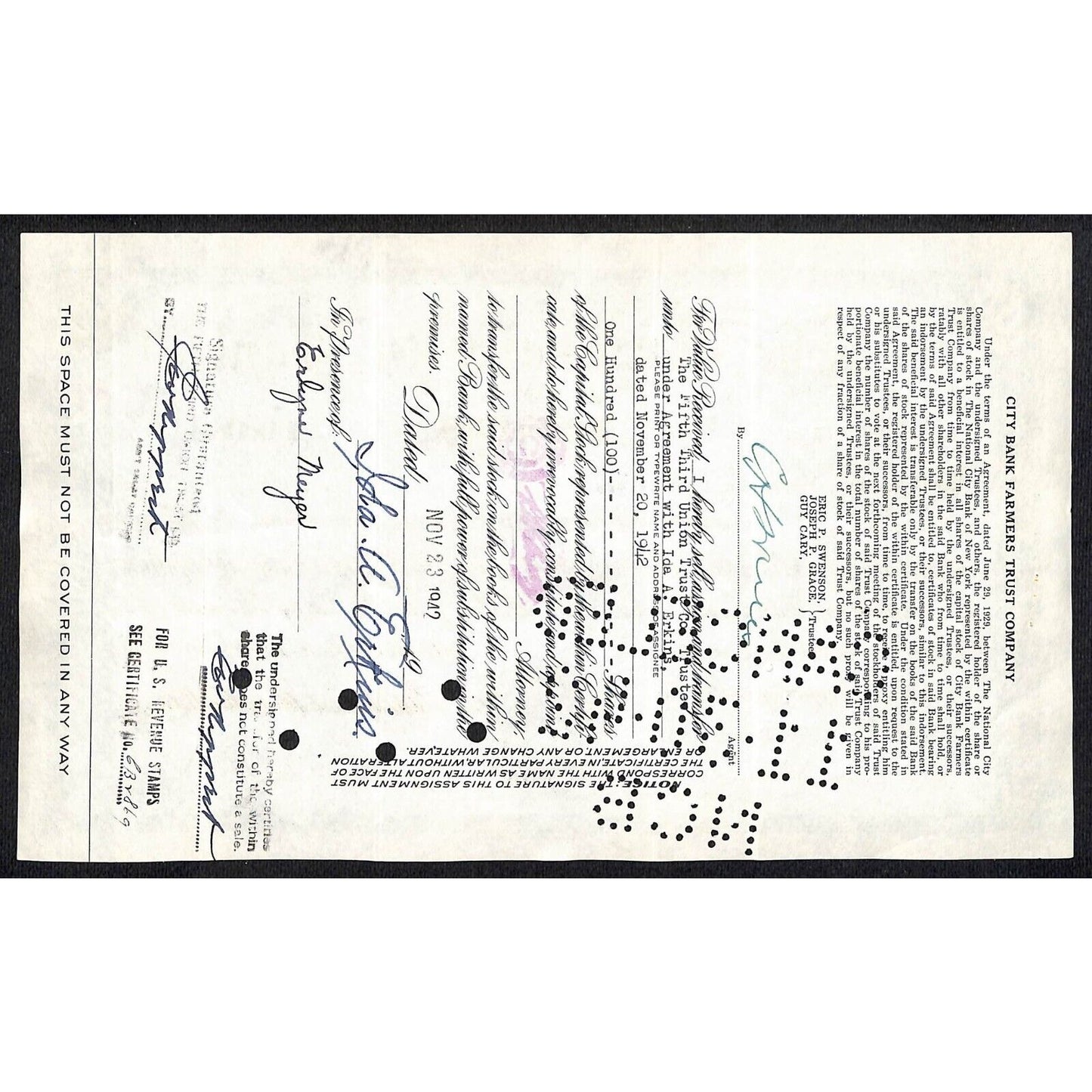 National City Bank of New York 1939 Stock Certificate to Ida A. Erkins