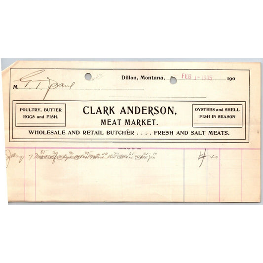 Dillon, MT Clark Anderson Meat Market Butcher Oysters Fish Feb. 1 1905 Billhead