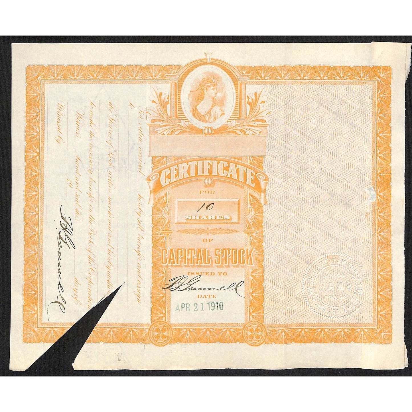 First National Bank of Lovelock, NV 1910 Stock Certificate to F.I. Gunnell *