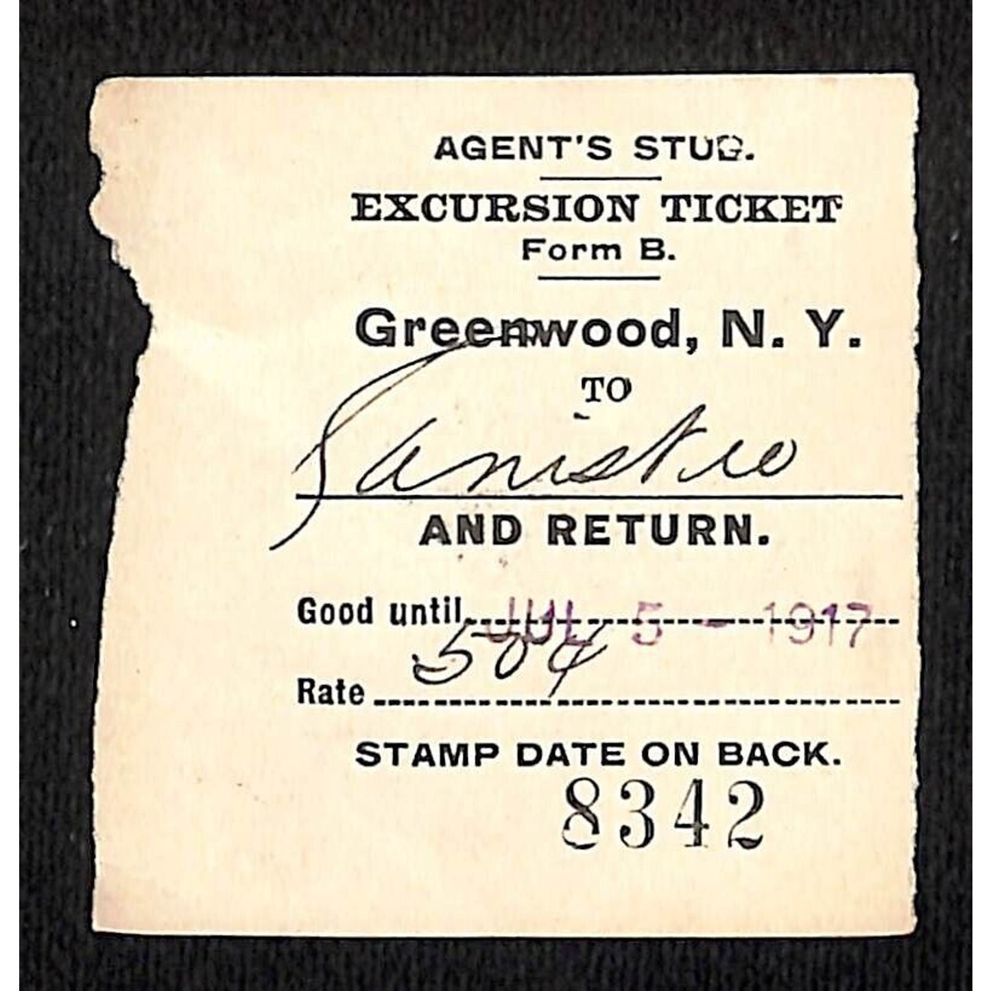 New York & Pennsylvania Ry 1917 Greenwood, NY Excursion Ticket Stub #8342