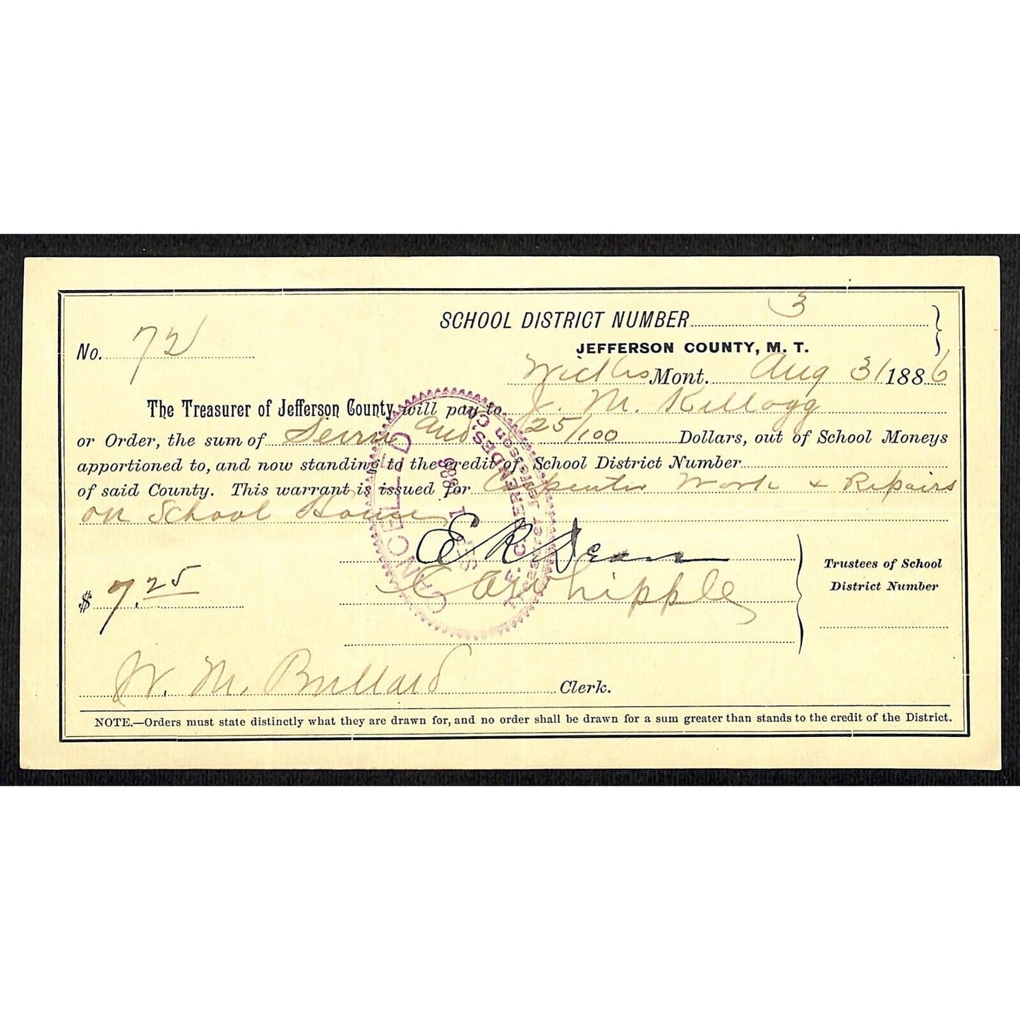 1886 Jefferson County Montana Territory School Warrant for Carpenter Repair Work