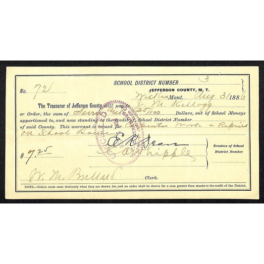 1886 Jefferson County Montana Territory School Warrant for Carpenter Repair Work