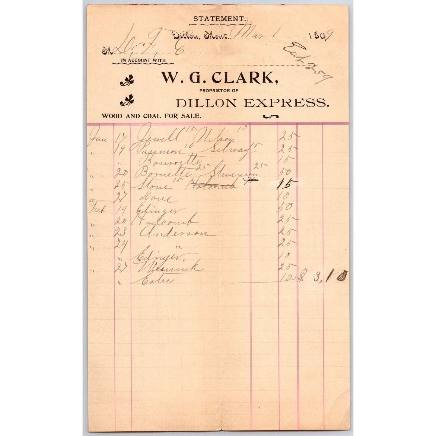 Dillon, MT W.G. Clark Dillon Express Expressman Coal & Wood Mar. 1899 Billhead