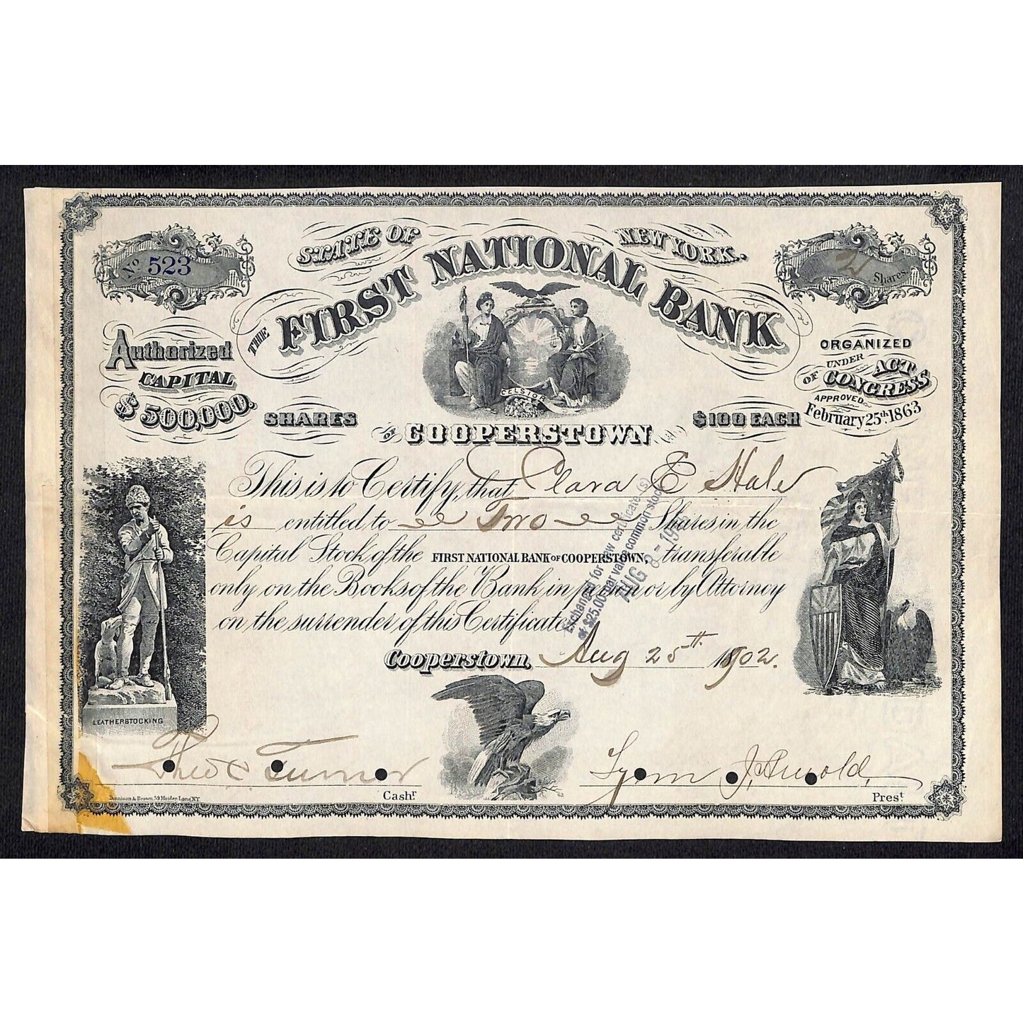 First National Bank of Cooperstown 1902 Stock Certificate Clara E. Hale