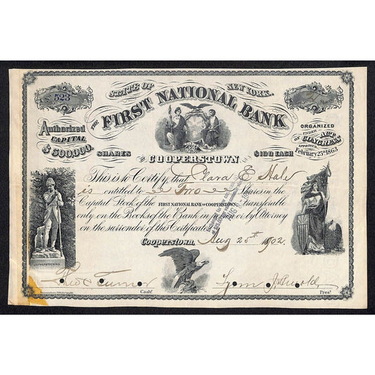 First National Bank of Cooperstown 1902 Stock Certificate Clara E. Hale