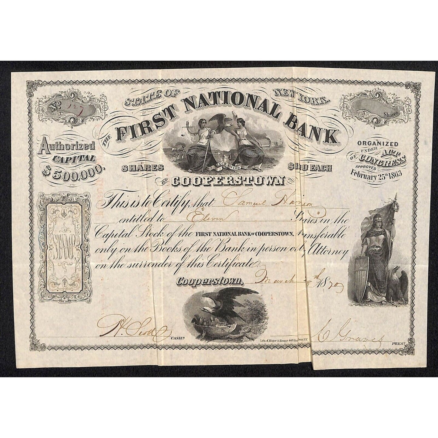 First National Bank of Cooperstown NY 1870 Stock Certificate Samuel Houston