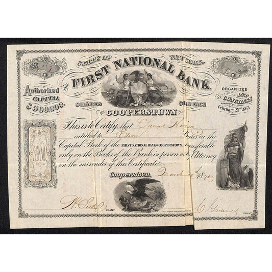 First National Bank of Cooperstown NY 1870 Stock Certificate Samuel Houston
