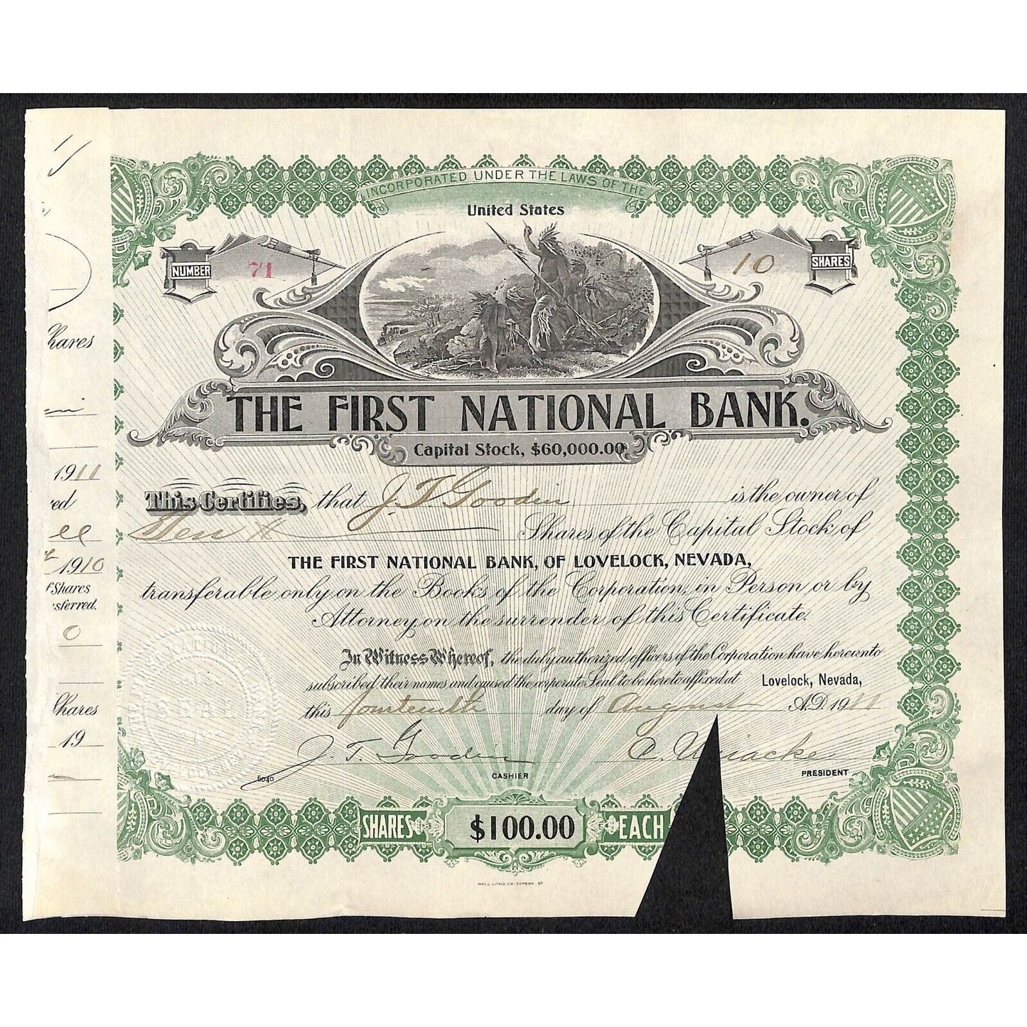 First National Bank of Lovelock, NV 1911 Stock Certificate to J.T. Goodin * #71