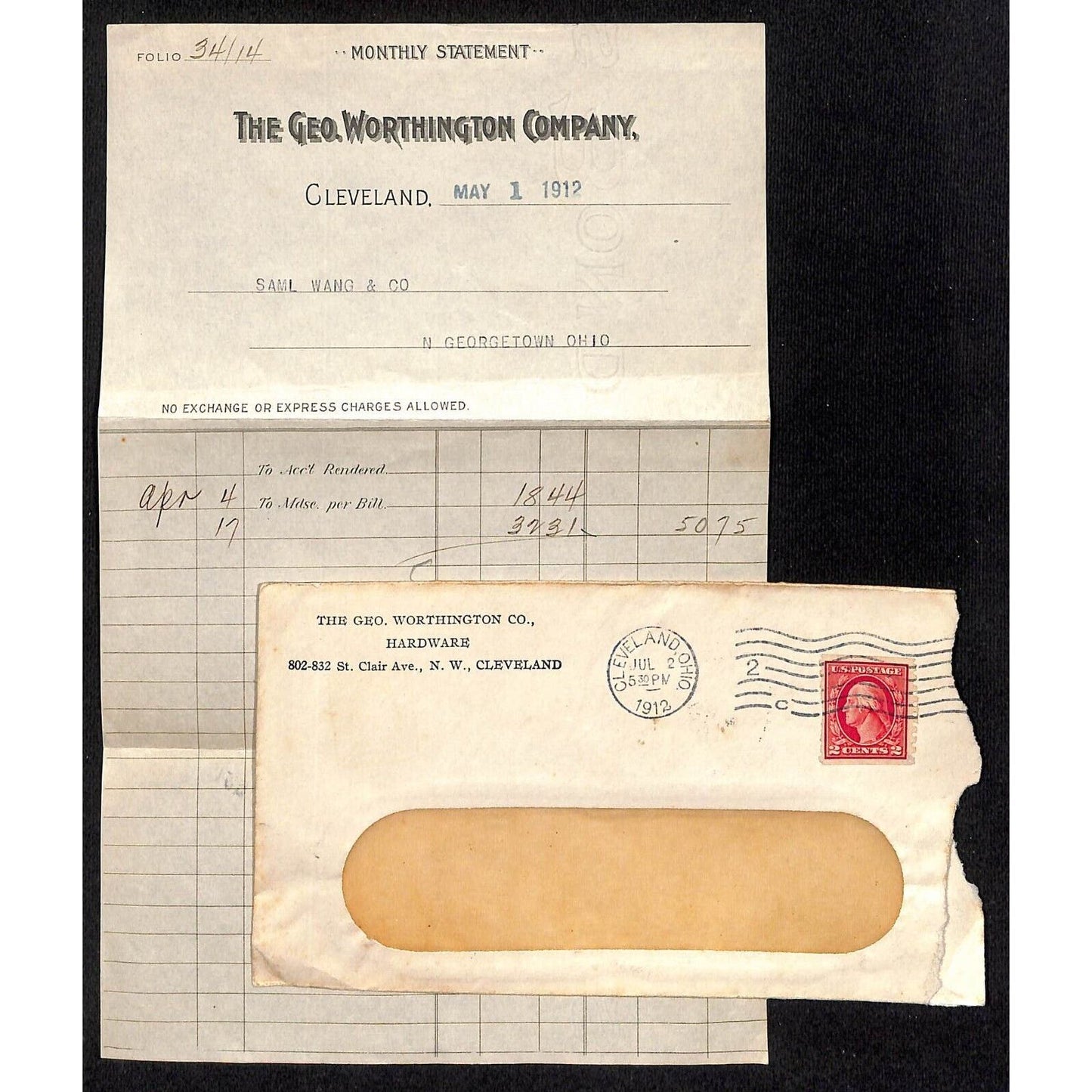 Geo. Worthington Co. / Samuel Wang Co* North Georgetown 1912 Statement & Cover