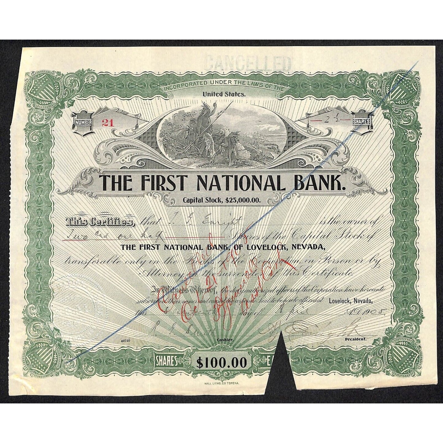 First National Bank of Lovelock, NV 1905 Stock Certificate to P.J. Enright * #21