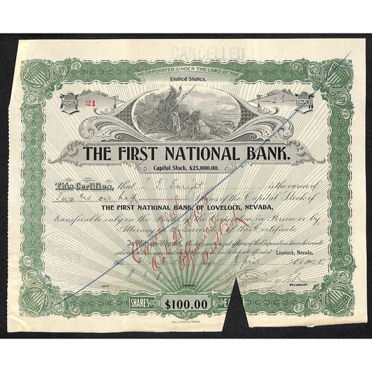 First National Bank of Lovelock, NV 1905 Stock Certificate to P.J. Enright * #21