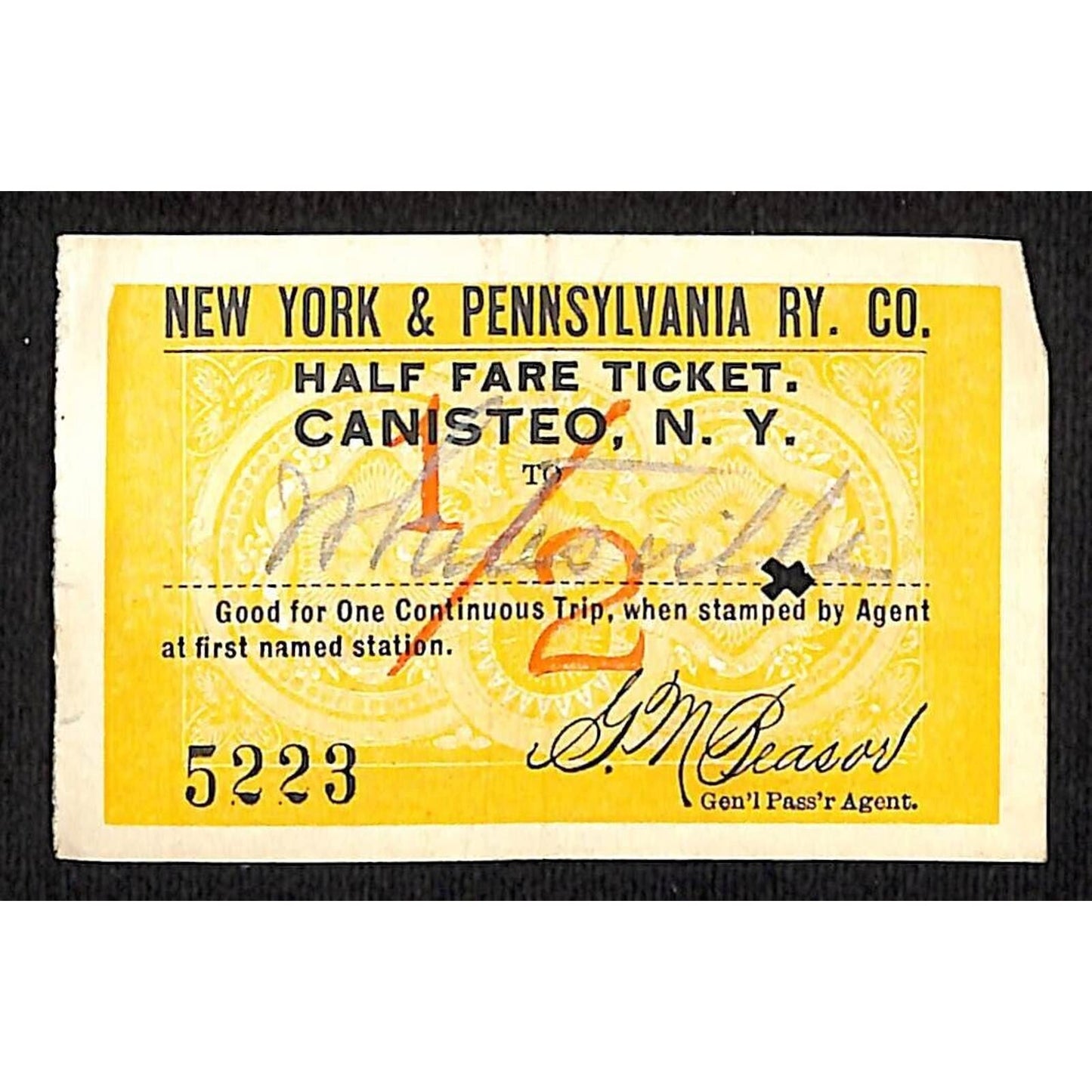 New York & Pennsylvania Railroad RY July 7 1917 Whitesville Ticket #5223